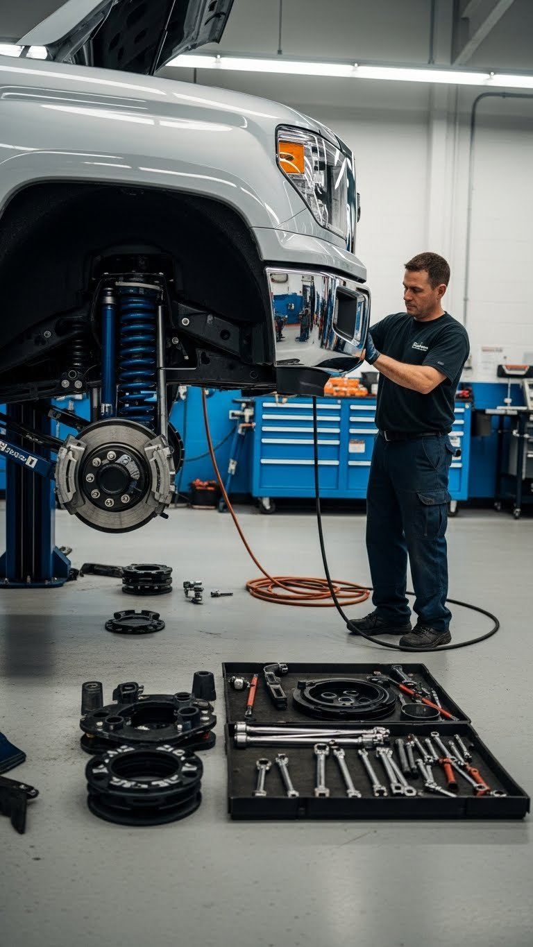 man installing leveling kit
