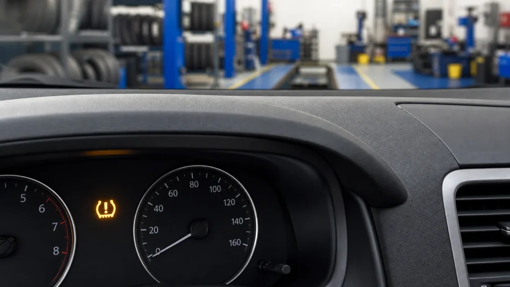 Dashboard showing a tire pressure monitoring system light flashing in amber